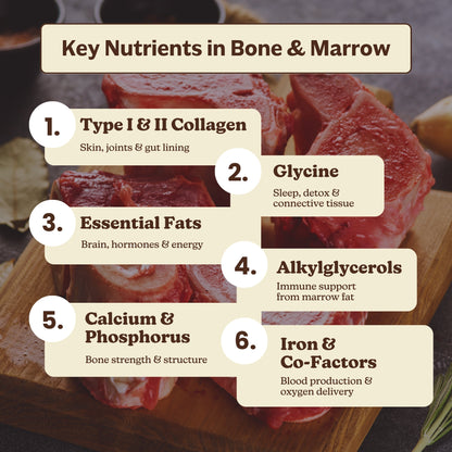 Hueso y Médula de Res Grass-Fed (Bone & Marrow, liofilizada, sin desgrasar, sin OGM, 100 % criada en pastos, suministro para 45 días)