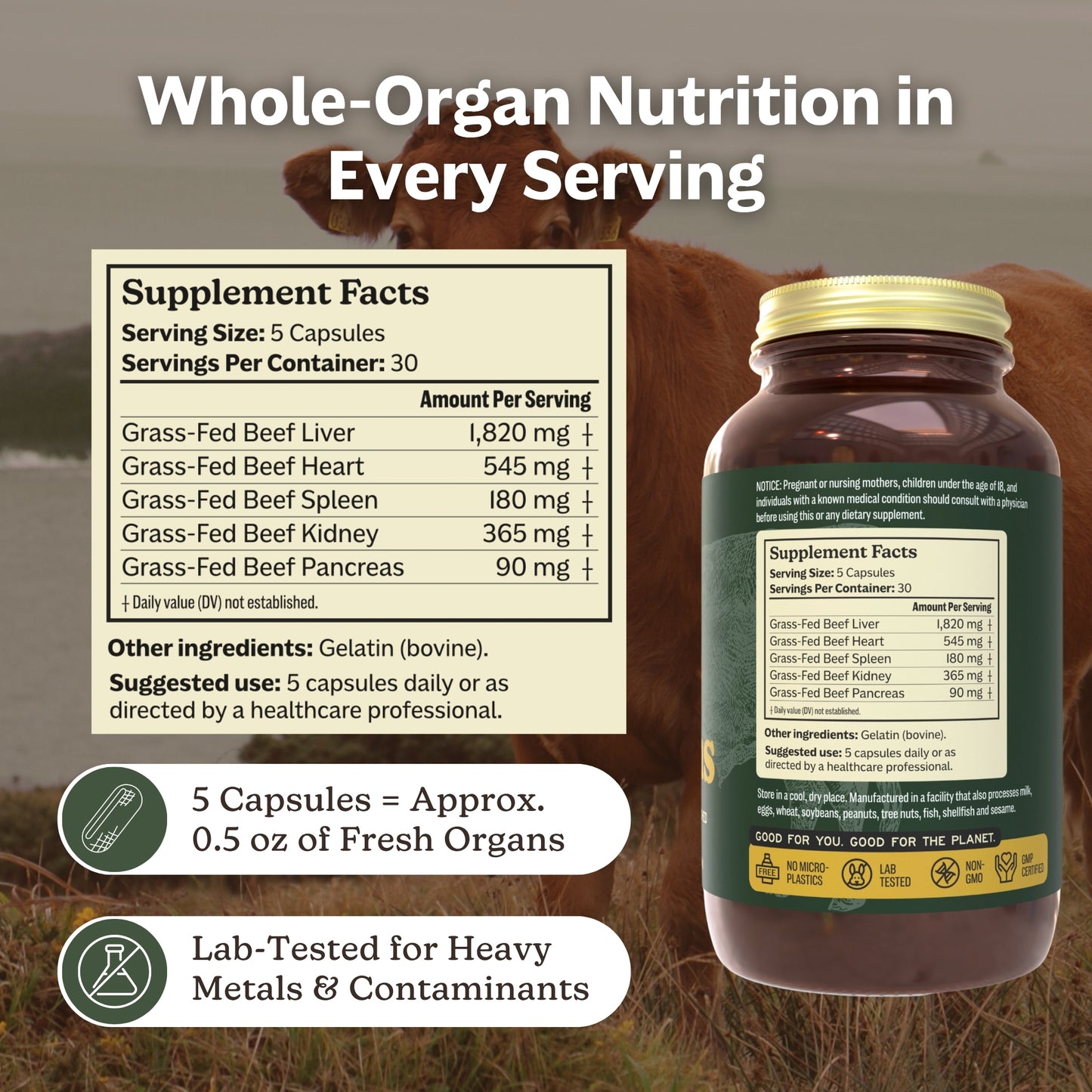 Grass-Fed Beef Organs (liofilizados, no desgrasados, no transgénico, 100% criados en pastos, suministro para 45 días)