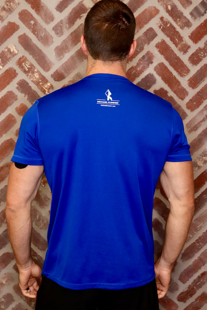 MK Supplements NO EXCUSES T-Shirt in Blue, back.