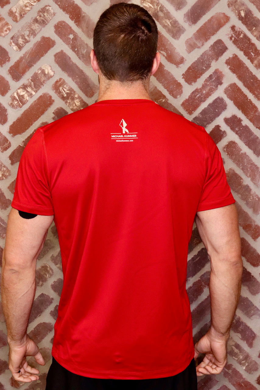 MK Supplements NO EXCUSES T-Shirt in Red, back.