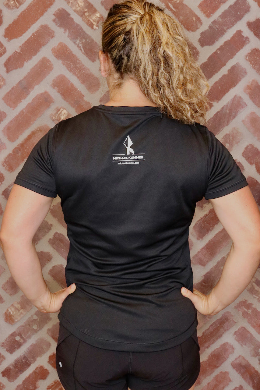 MK Supplements NO EXCUSES Women's T-Shirt in Black, back.