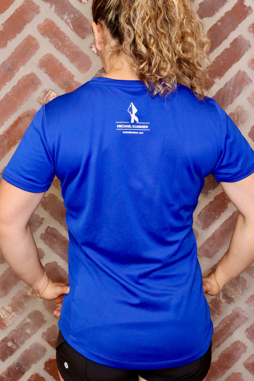 MK Supplements NO EXCUSES Women's T-Shirt in Blue, back.