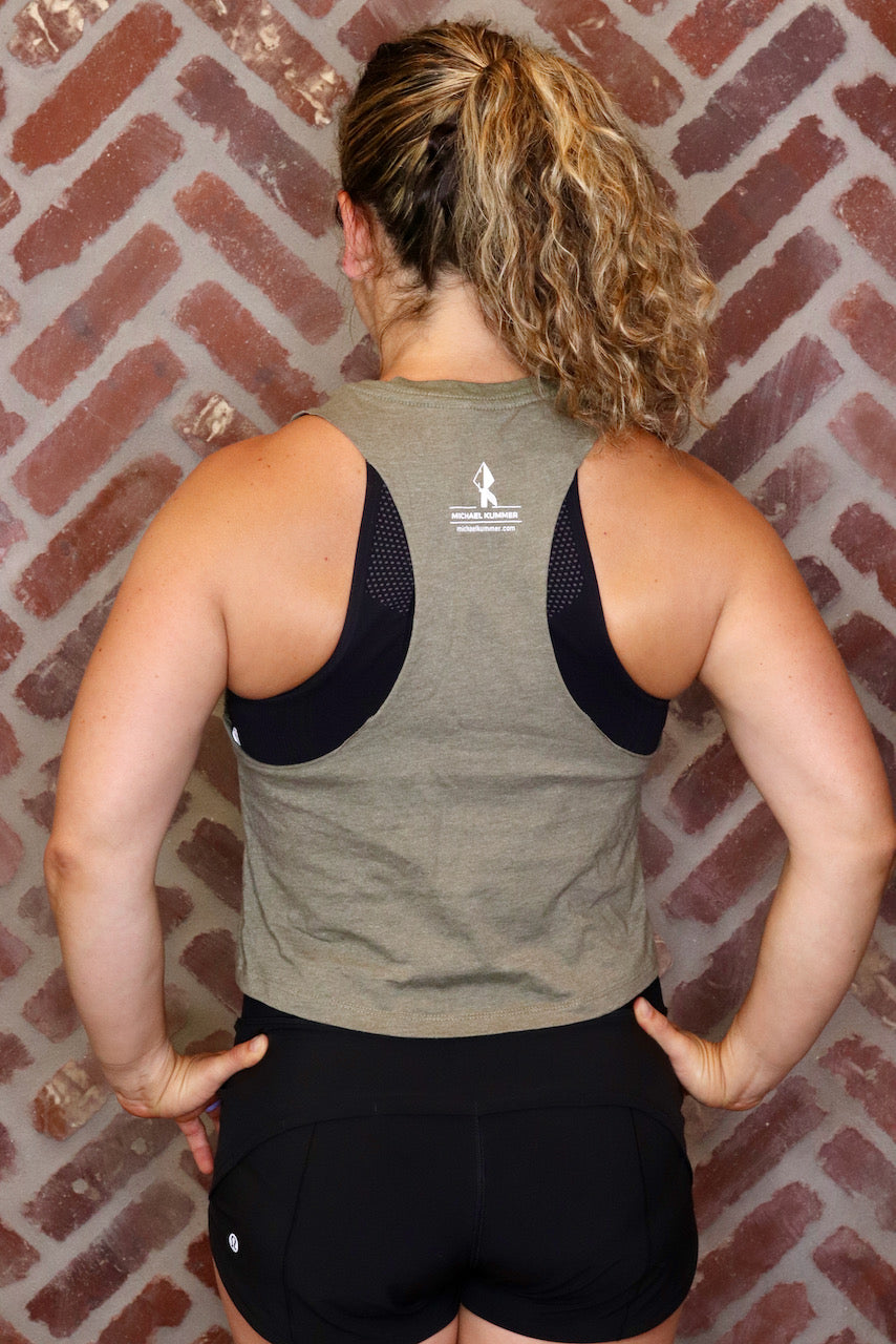 MK Supplements NO EXCUSES Women's Crop Top in Olive, back.